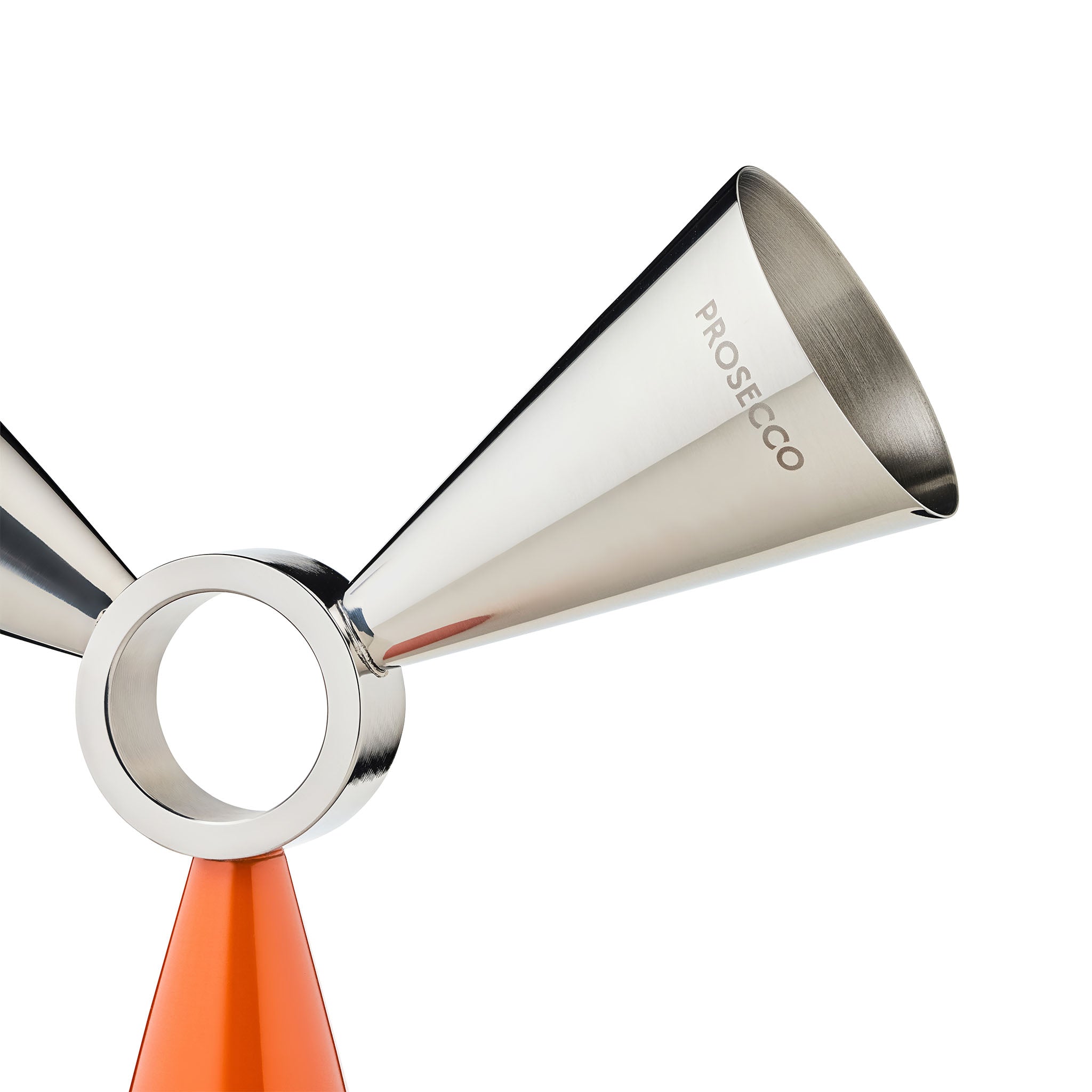 Close-up of a metal jigger with a brushed silver cone and a bright orange cone base, on a white background. The word PROSECCO is printed on the silver cone.