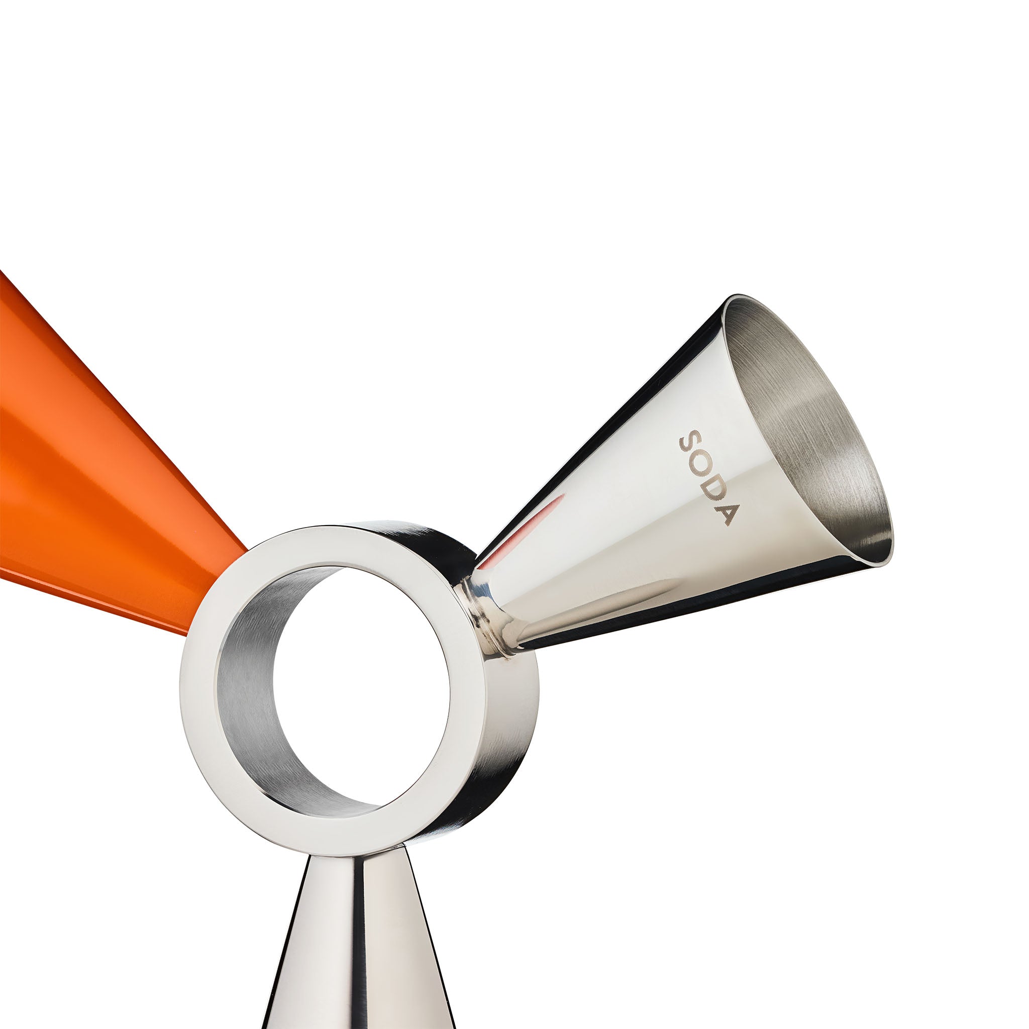 Close-up of a stainless steel jigger with one cone marked 'SODA' and a bright orange cone, shown on a white background.