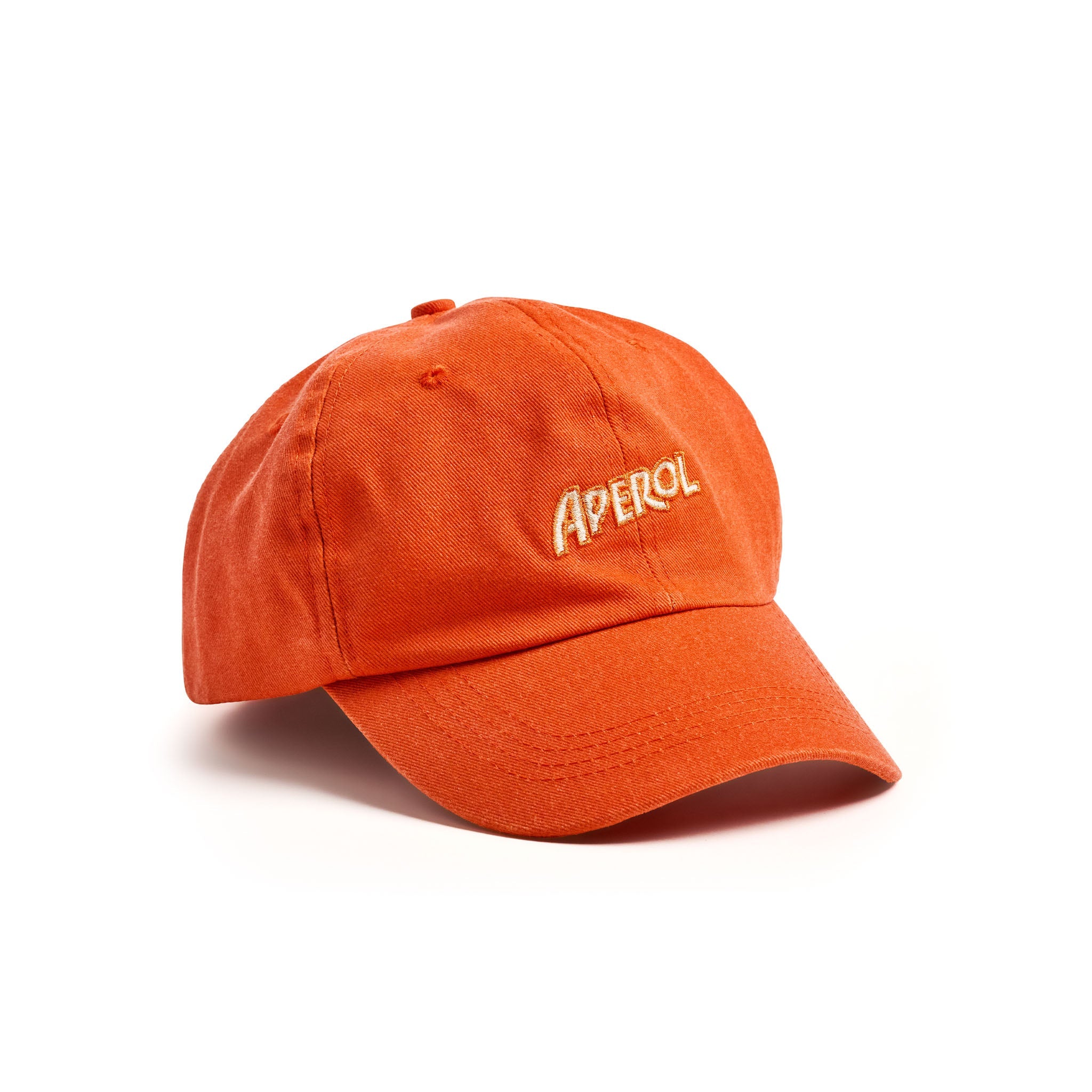An orange cotton cap with 'APEROL' embroidered in white on the front, shown on a clean white background.
