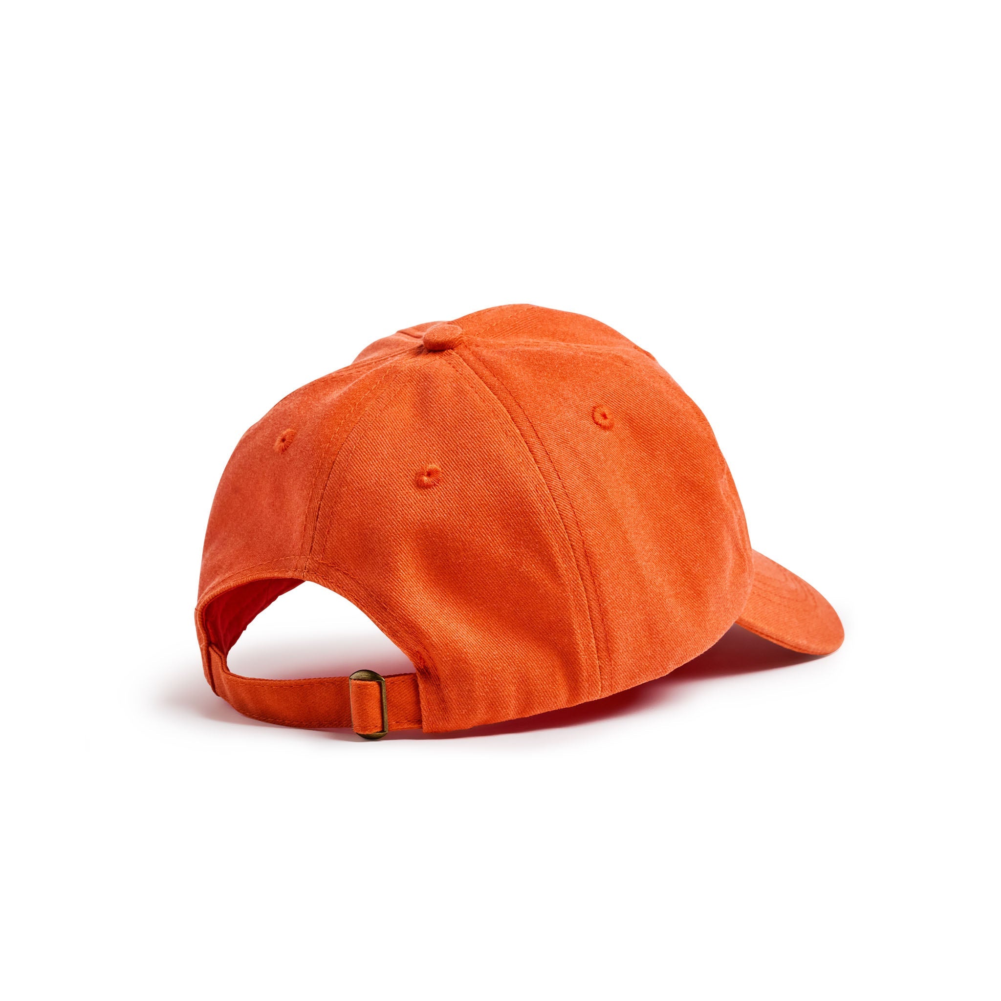 An orange cotton cap shown from the back, featuring an adjustable strap with a small gold-tone metal buckle, set against a plain white background.