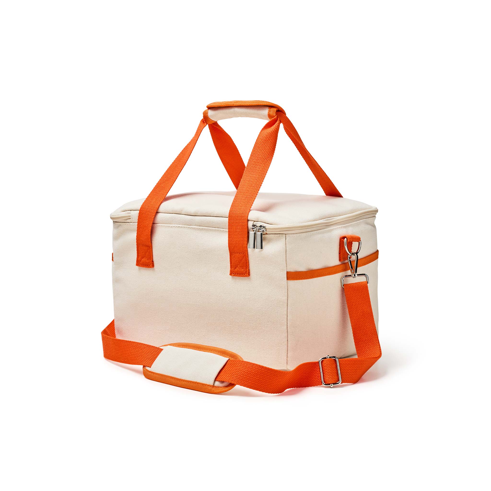 An off-white canvas cooler bag with bright orange handles, zipper trim, and adjustable shoulder strap, shown on a clean white background.