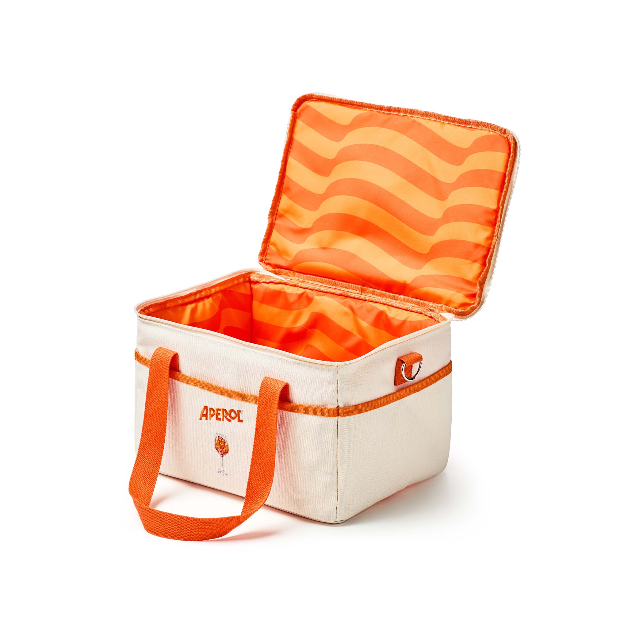An open insulated tote bag with a cream exterior, bright orange handles, and an orange interior featuring a wavy striped pattern on the lid, shown on a white background.