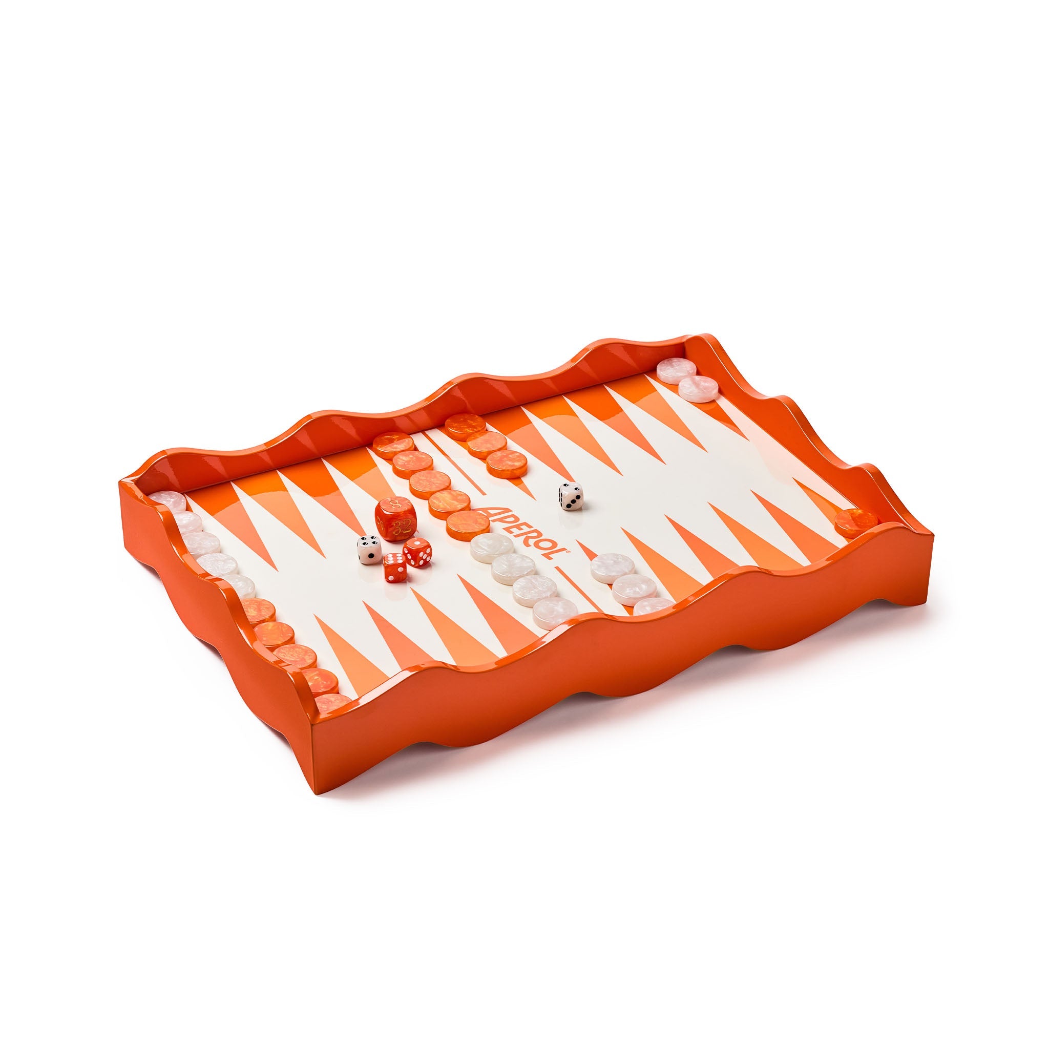 An orange and white backgammon game set with a wavy-tray design, featuring orange and white checkers and dice on a clean white background.