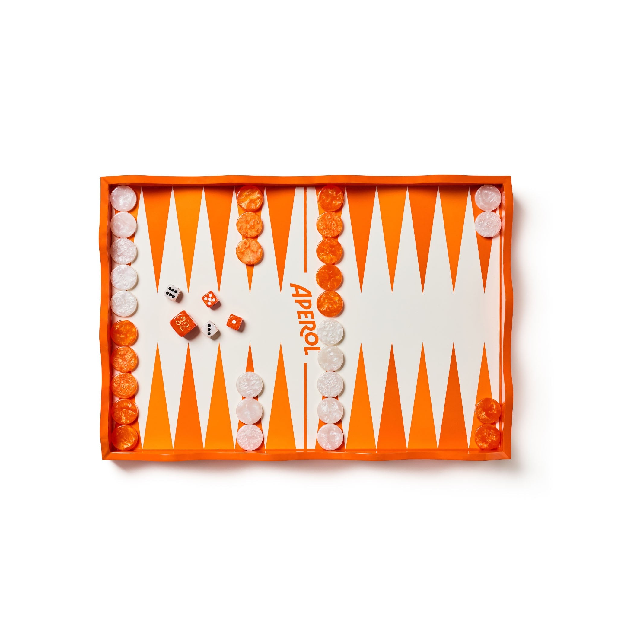 An orange and white backgammon game board with orange and white checkers and dice, photographed from directly above on a clean white background.