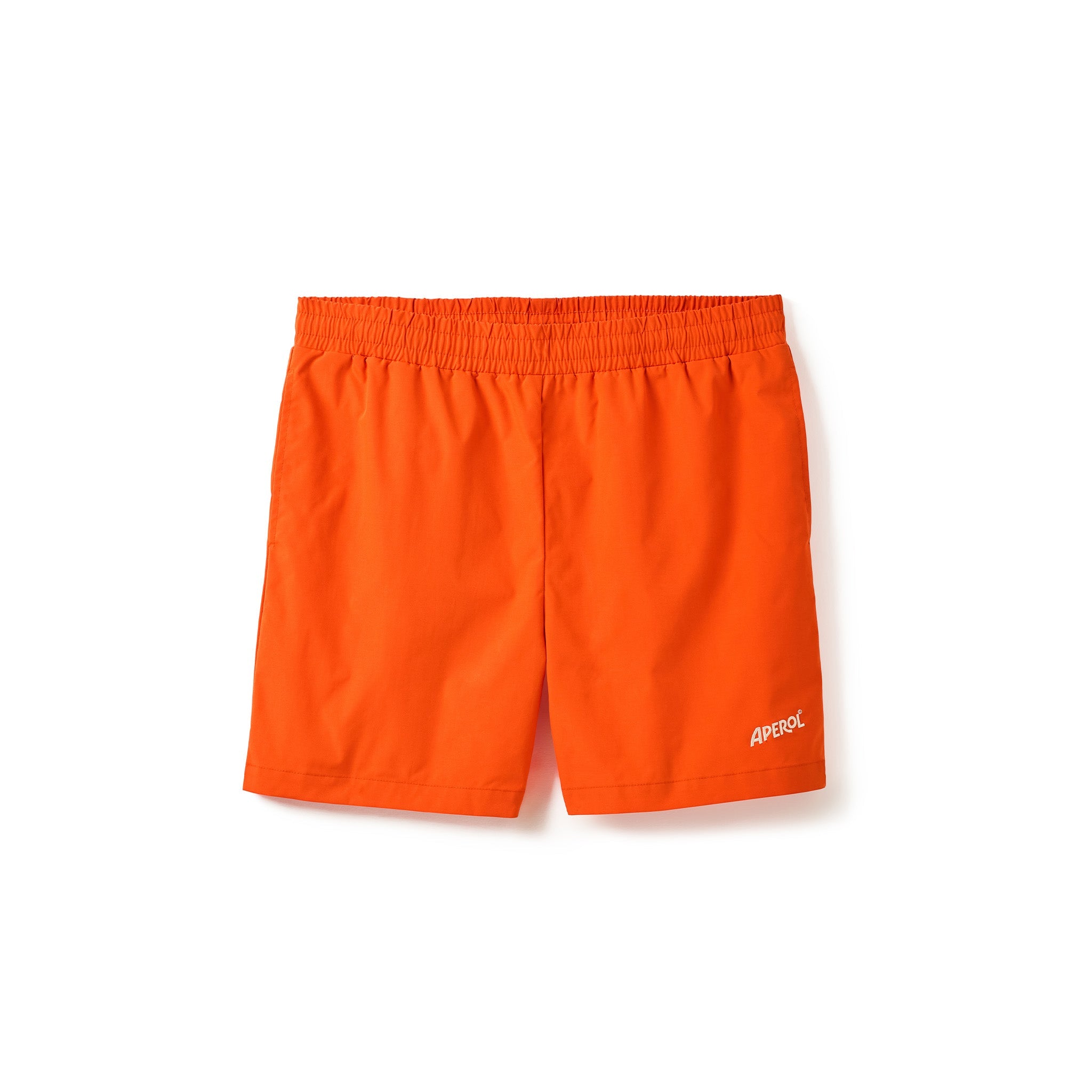 Bright orange swim shorts with an elastic waistband and a small white APEROL logo on the lower left hem, shown flat on a white background.