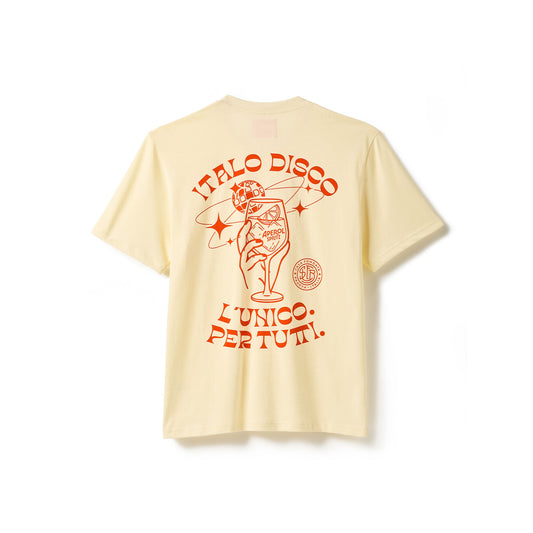 A pale yellow short-sleeve t-shirt shown from the back, featuring a prominent orange graphic print. 