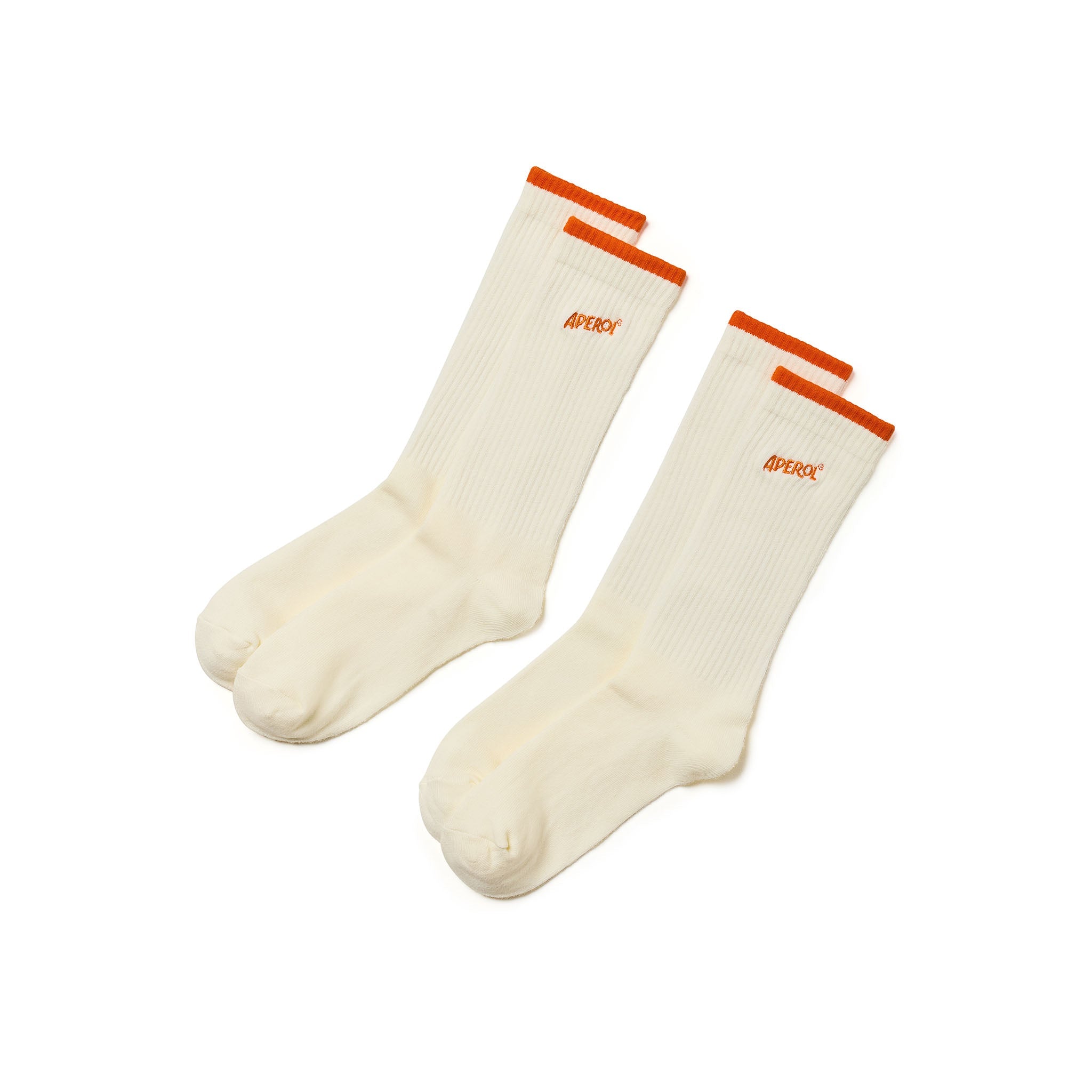 A pair of off-white ribbed crew socks with bright orange cuffs and the brand name 'APEROL' printed in orange near the top, displayed on a clean white background.