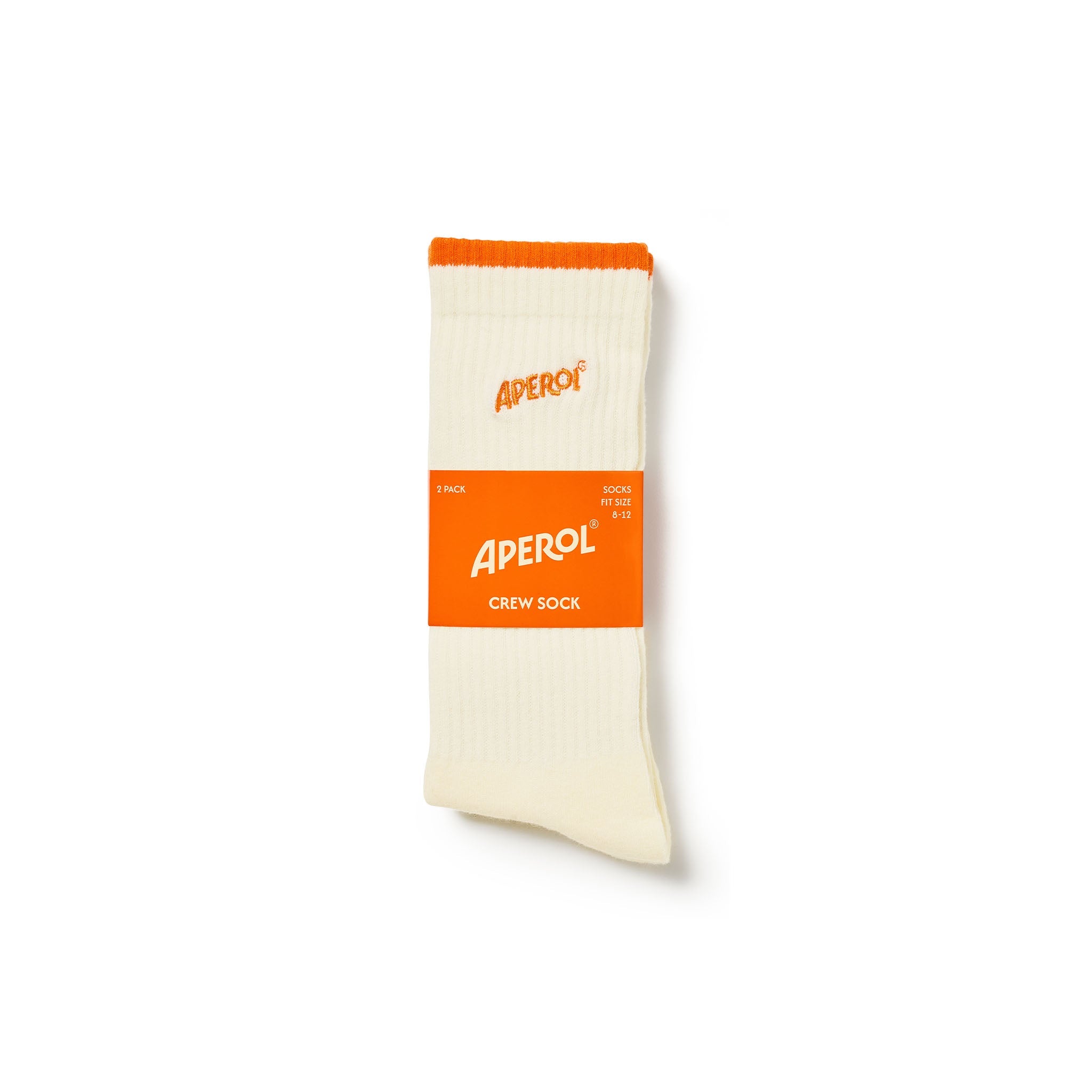 A single cream-colored ribbed crew sock with an orange cuff and a bright orange label band, featuring the APEROL logo, shown on a clean white background.