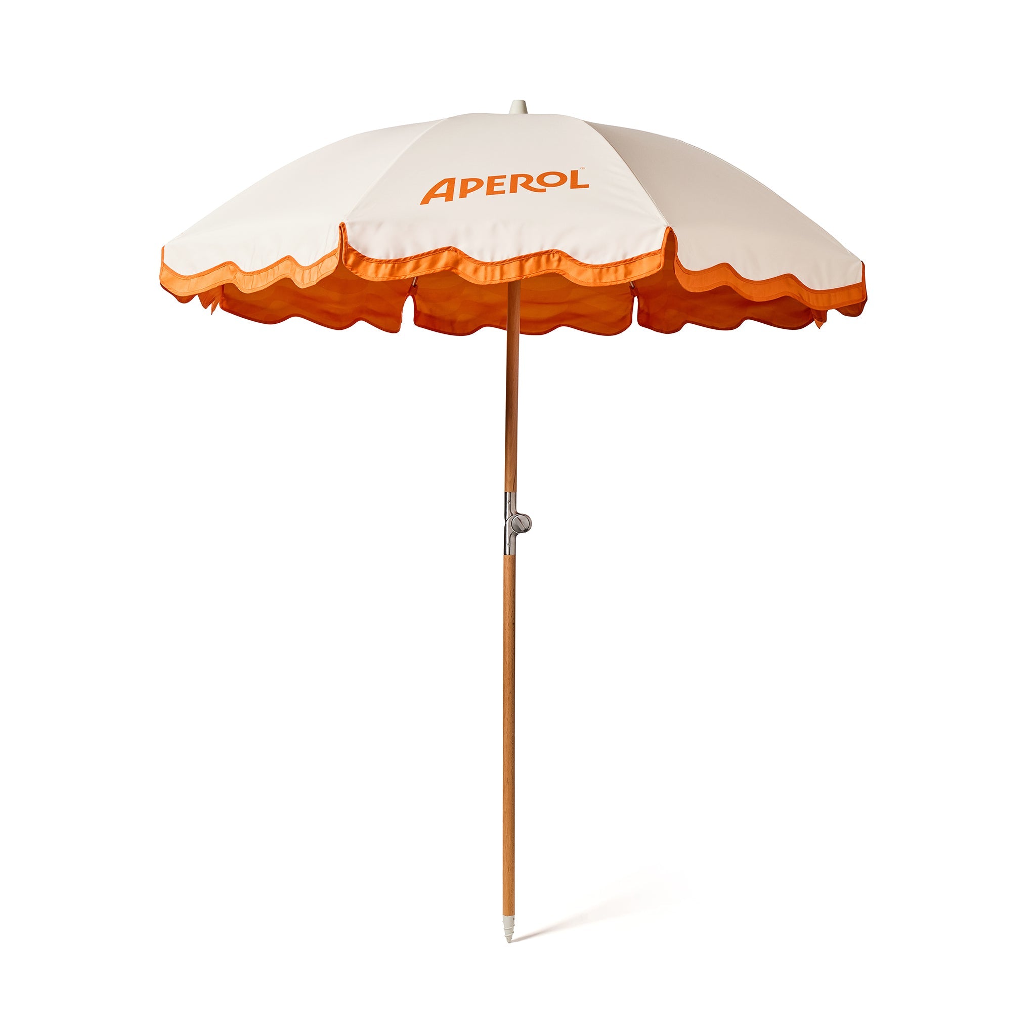 Aperol umbrella opened on white background with Aperol logo center on front umbrella panel