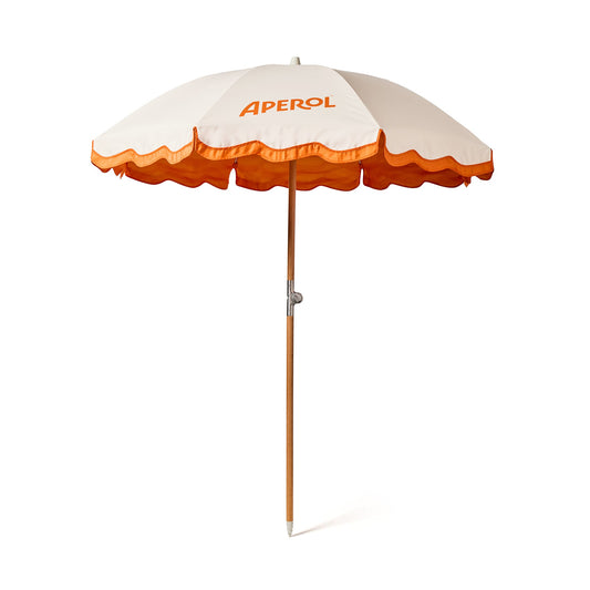 Aperol umbrella opened on white background with Aperol logo center on front umbrella panel