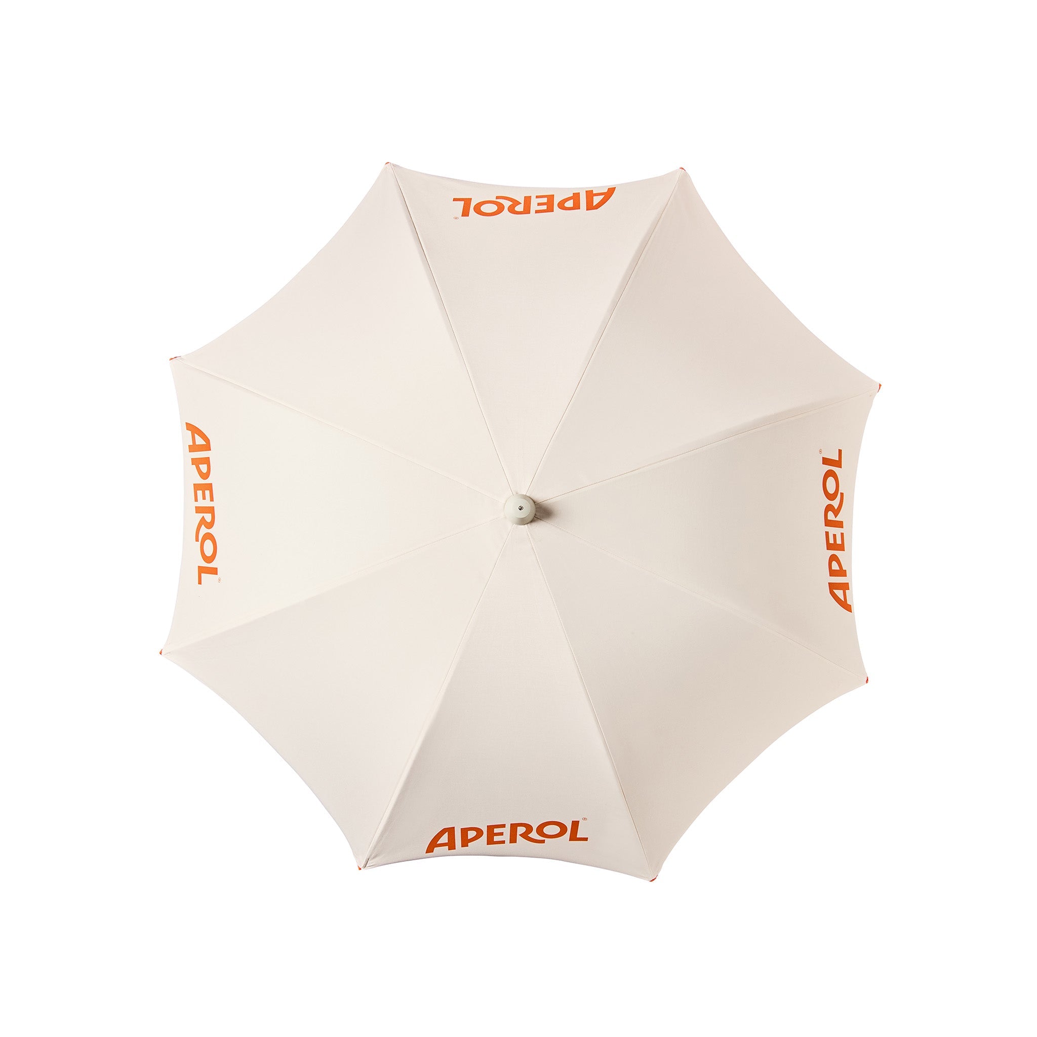 An off-white APEROL umbrella shown from a top-down view, featuring the brand name printed in orange on the canopy.